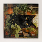 Puzzle Chat noir avec plantes de maison (Horizontal)