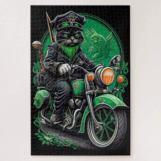 Puzzle Chat noir conduisant un vélo la Saint-Patrick (Vertical)