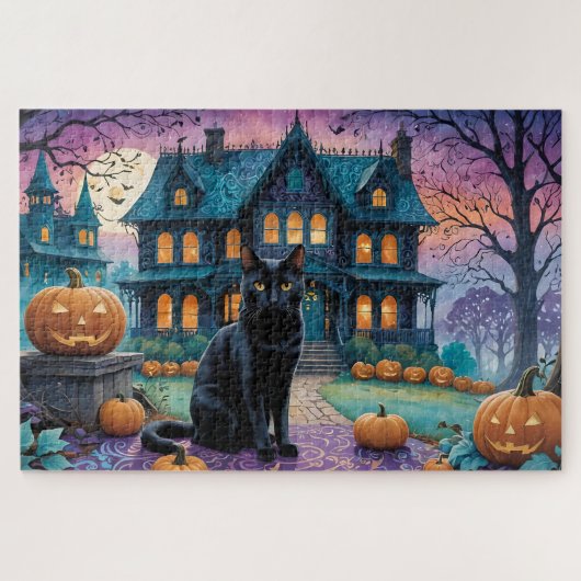 Puzzle Chat noir cool, Jack O Lanterns, Maison Éffrayante (Horizontal)
