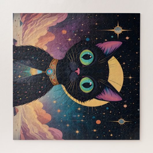 Puzzle Chat noir cosmique futuriste atomique en clair de (Horizontal)