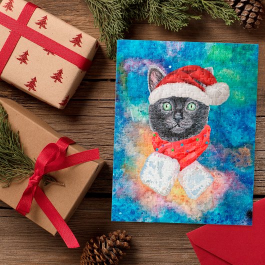 Puzzle Chat noir de Noël avec écharpe rouge de vacances