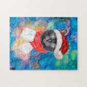 Puzzle Chat noir de Noël avec écharpe rouge de vacances (Horizontal)