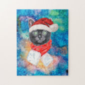 Puzzle Chat noir de Noël avec écharpe rouge de vacances (Vertical)