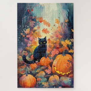 Puzzle Chat noir d'Halloween avec la peur Citrouille