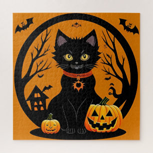 Puzzle Chat noir d'Halloween entouré de citrouilles lumin