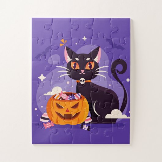 Puzzle Chat noir d'Halloween et Citrouille (Vertical)
