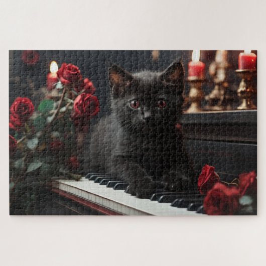 Puzzle Chat noir doux allongé sur un piano (Horizontal)