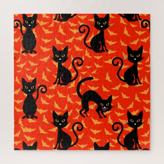Puzzle Chat noir éffrayant Halloween Bats orange (Vertical)