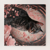 Puzzle Chat noir élégant entouré de fleurs roses (Horizontal)