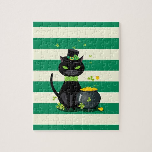 Puzzle Chat noir en cravate arc et casquette avec shamroc (Vertical)