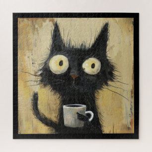 Puzzle Chat noir énervé avec café sur fond brun grunge