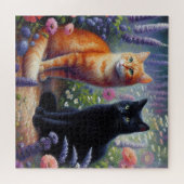 Puzzle Chat noir et Chat orange avec Fleurs sauvages (Horizontal)