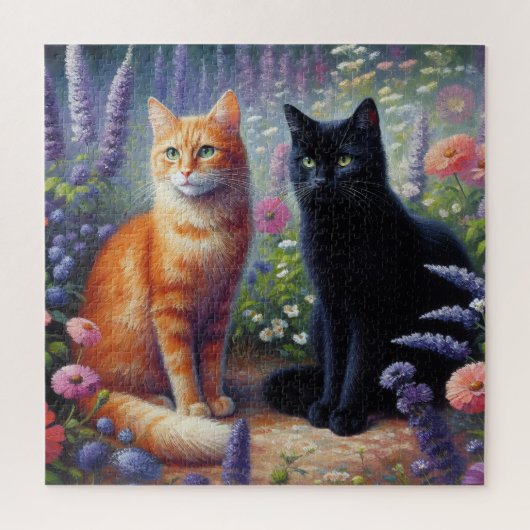Puzzle Chat noir et Chat orange avec Fleurs sauvages (Vertical)