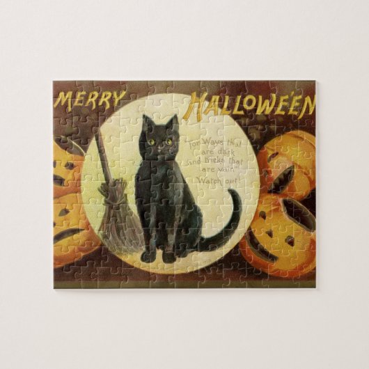 Puzzle Chat noir et Citrouille vintage Halloween Witch (Horizontal)