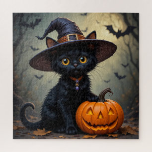 Puzzle Chat noir portant un chapeau de sorcière