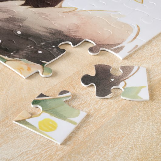 Puzzle Chat noir portant une couronne de fleurs (Côté)