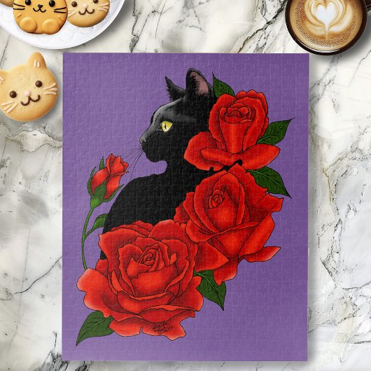 Puzzle Chat noir Roses rouges pourpres