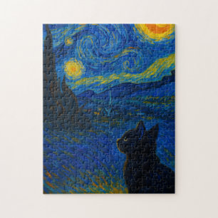 Puzzle Chat noir sous un ciel étoilé art félin