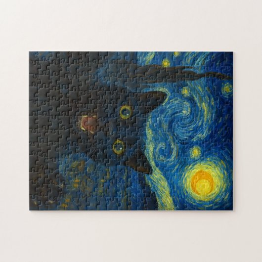 Puzzle Chat noir Starry Nuit Van Gogh Chat Selfie (Horizontal)