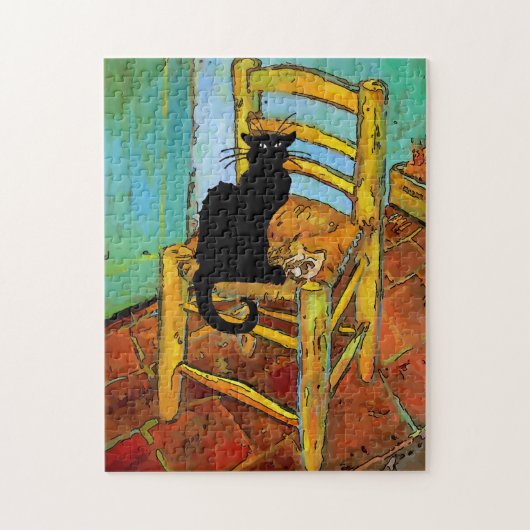Puzzle Chat noir sur chaise en bois (Vertical)
