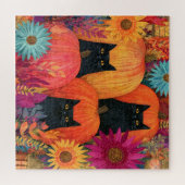 Puzzle Chat noir vigilant Patch de citrouille d'automne (Horizontal)