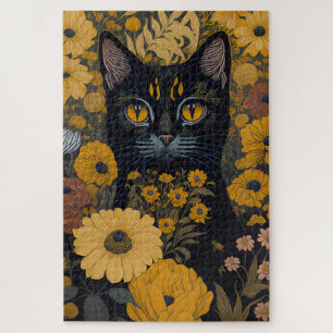 Puzzle Chat noir Yellow Eyes Fleurs Vintages