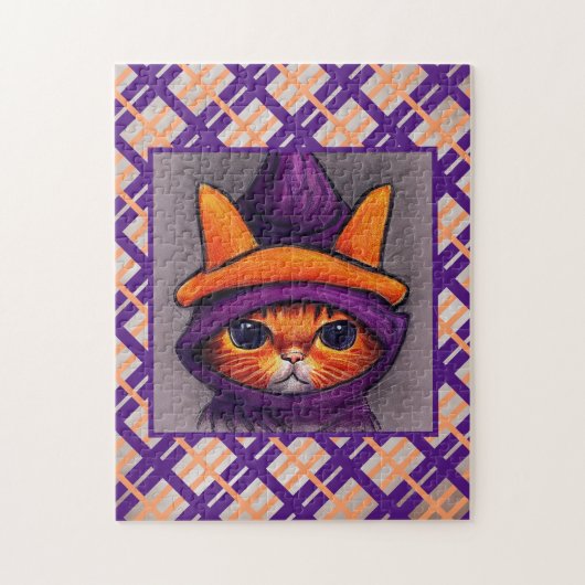 Puzzle Chat orange avec Casquette de sorcière violette De (Vertical)