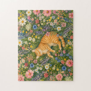 Puzzle Chat orange endormi dans les fleurs sauvages Puzzl