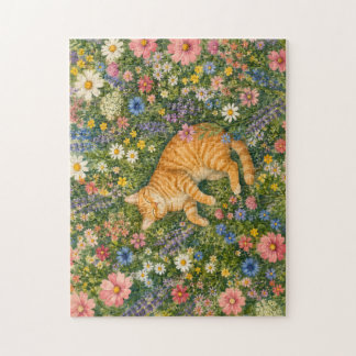 Puzzle Chat orange endormi dans les fleurs sauvages Puzzl