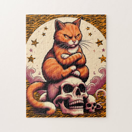 Puzzle Chat orange vengeur, crânes et lune (Vertical)