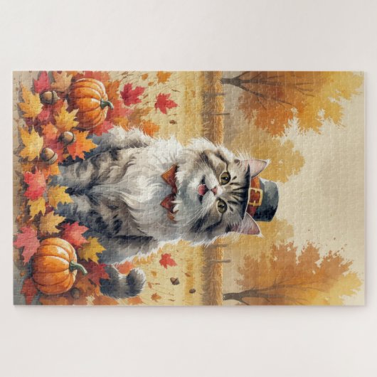 Puzzle Chat Perse En Automne Feuilles Thanksgiving Art (Horizontal)