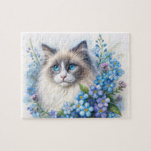 Puzzle Chat Ragdoll parmi des fleurs de ne m'oubliez pas