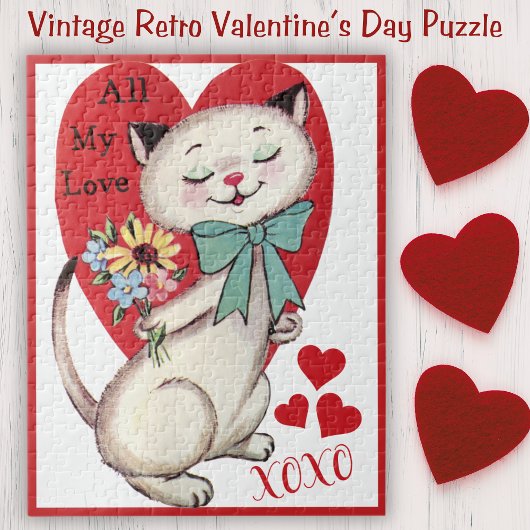 Puzzle Chat Retro vintage avec Fleurs Saint-Valentin