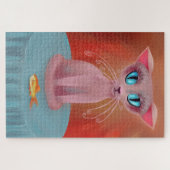 Puzzle Chat rose avec poisson rouge sur une table bleue (Horizontal)