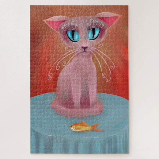 Puzzle Chat rose avec poisson rouge sur une table bleue (Vertical)
