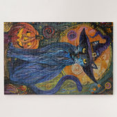 Puzzle Chat russe bleu effrayant pour Halloween Sorcière (Horizontal)