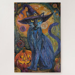 Puzzle Chat russe bleu effrayant pour Halloween Sorcière