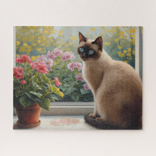 Puzzle Chat siamois à la fenêtre avec vue sur le jardin
