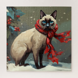 Puzzle Chat siamois à Noël sous la neige