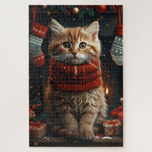 Puzzle Chat Sibérien avec cheminée de cadeaux de Noël (Vertical)