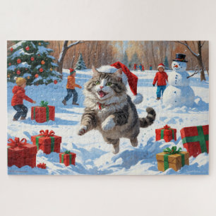 Puzzle Chat Sibérien Courant dans la Neige avec un Chapea