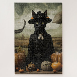 Puzzle Chat sorcière avec citrouilles