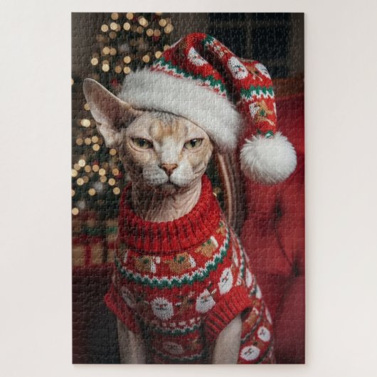 Puzzle Chat Sphynx Festif en Pull de Noël Christmas (Vertical)