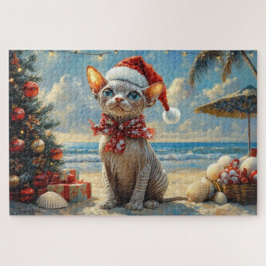 Puzzle Chat Sphynx Noël Vintage Plage (Horizontal)