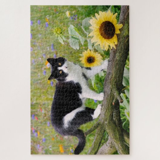 Puzzle Chat tuxedo mignon sur une branche d'arbre avec de (Vertical)