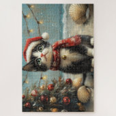 Puzzle Chat Tuxedo Noël Vintage Plage (Vertical)