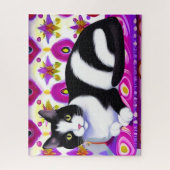Puzzle Chat Tuxedo noir et blanc sur un coussin (Vertical)