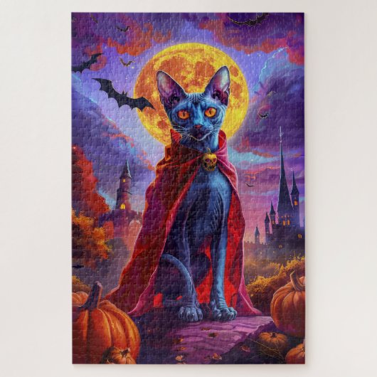 Puzzle Chat Vampire Citrouilles Épouvantable Halloween Or (Vertical)
