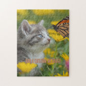 Puzzle Chaton Gris Blanc Papillon Monarque (Vertical)