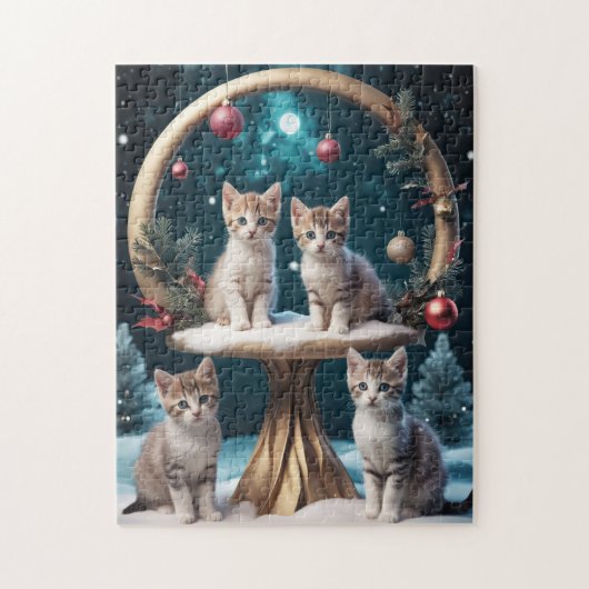 Puzzle Chatons de Noël Whimsical sur socle Or (Vertical)